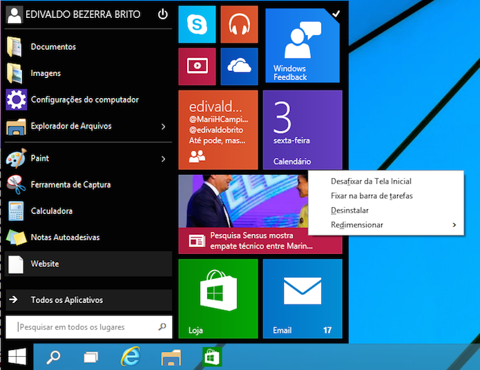 O menu Iniciar está de volta no Windows 10 (Foto: Reprodução/Edivaldo Brito)