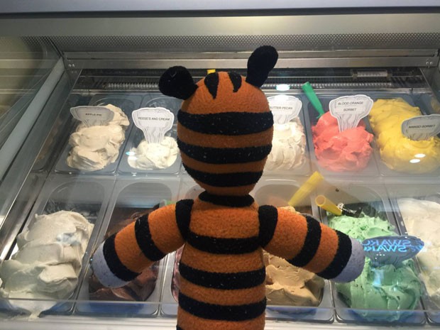 O tigre de pelúcia Hobbes em uma sorveteria do aeroporto (Foto: Reprodução/Facebook/Tampa Internacional Airport)