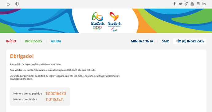 Usuário recebe confirmação de compra após efetuar procedimento no site das Olimpíadas de 2016 (Foto: Reprodução)