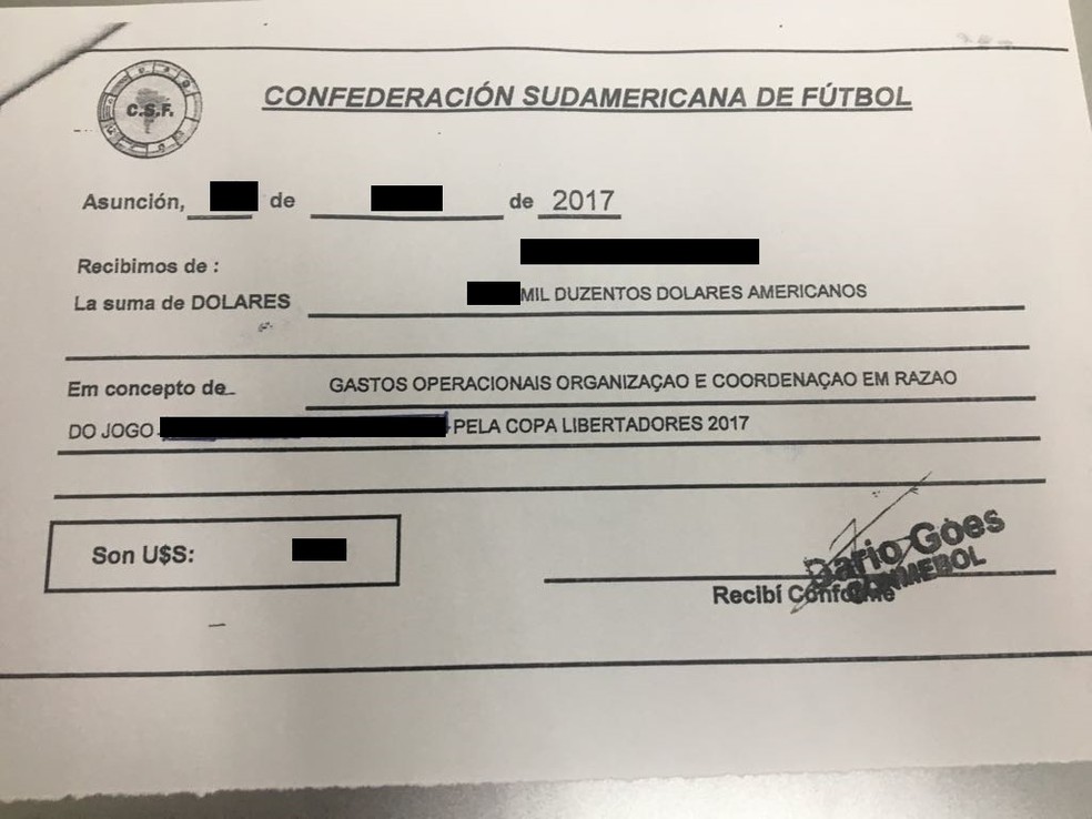 Recibo apresentado por Dario ?Goes a um clube brasileiro (Foto: Reprodução) (Foto: Reprodução)
