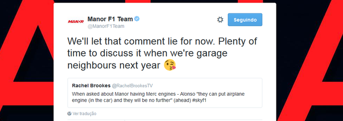 Manor rebate  Fernando Alonso no twitter (Foto: Divulgação)