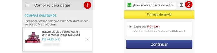 Compra pendente à esquerda e tela do MercadoLivre à direita (Foto: Reprodução/Raquel Freire)