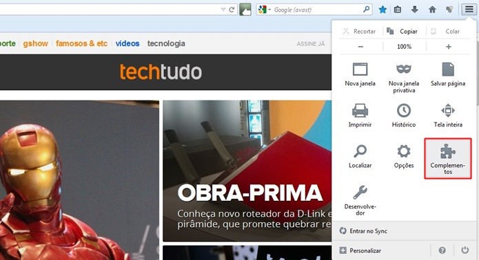 Opção Complementos do Firefox em destaque (Foto: Reprodução/Raquel Freire)