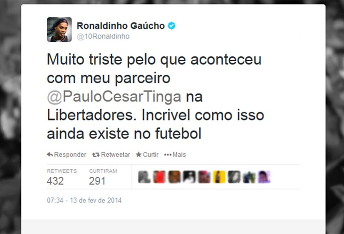 Ronaldinho twitter apoio Tinga racismo (Foto: Reprodução / Twitter)