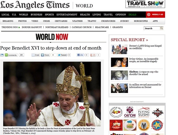O 'Los Angeles Times' publicou um trecho da carta de renúncia do Papa Bento XVI (Foto: Reprodução/Los Angeles Times)