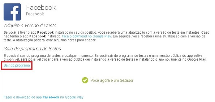 Link para sair do programa Beta do Facebook para Android (Foto: Reprodução/Raquel Freire)