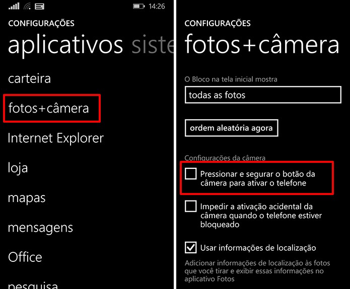 Câmera do Windows Phone não será mais ativada a partir da tela de bloqueio caso usuário desmarque a opção destacada (Foto: Reprodução/Elson de Souza)