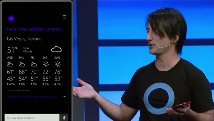Cortana pode dar respostas precisas ao usuário, como a previsão do tempo ou a quantidade de calorias de uma banana (Foto: Divulgação) Cortana pode dar respostas precisas ao usuário, como a previsão do tempo ou a quantidade de calorias de uma banana (Foto: Divulgação)