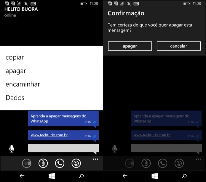 Apagando mensagens no WhatsApp para Windows Phone (Foto: Reprodução/Helito Bijora) Apagando mensagens no WhatsApp para Windows Phone (Foto: Reprodução/Helito Bijora)