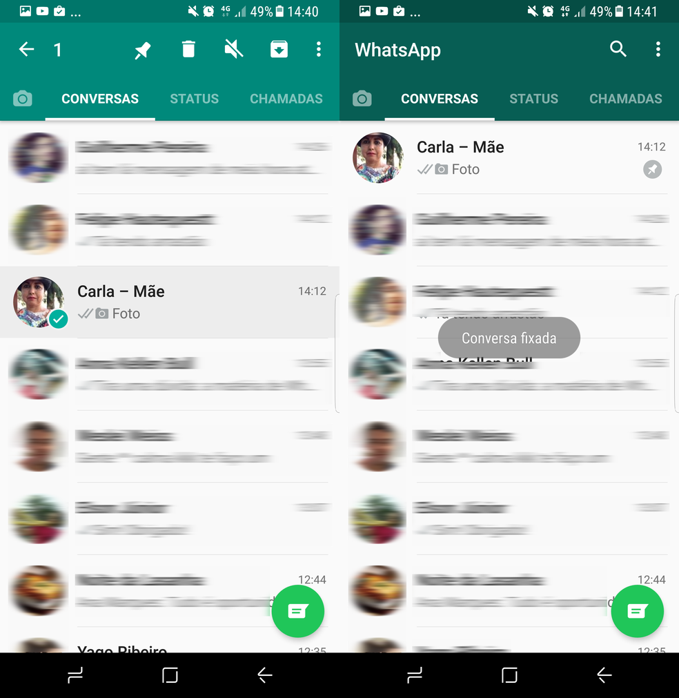 Função de fixar conversa no Android; repare que a conversa fixada ganha um ícone de alfinete abaixo do horário (Foto: Thássius Veloso/TechTudo)