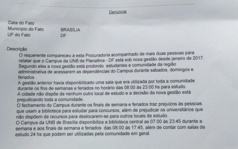 Denúncia na Procuradoria da República no DF sobre fechamento de sala de estudos da UnB por prefeitura do campus em Planaltina (Foto: Reprodução)