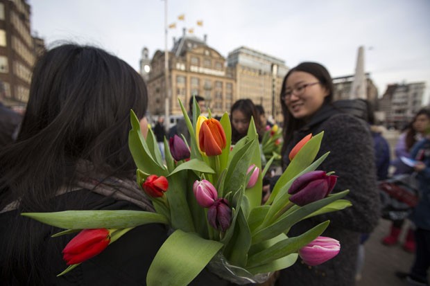 Turistas carregam tulipas 'colhidas' em evento em Amsterdã (Foto: Cris Toala Olivares/Reuters)