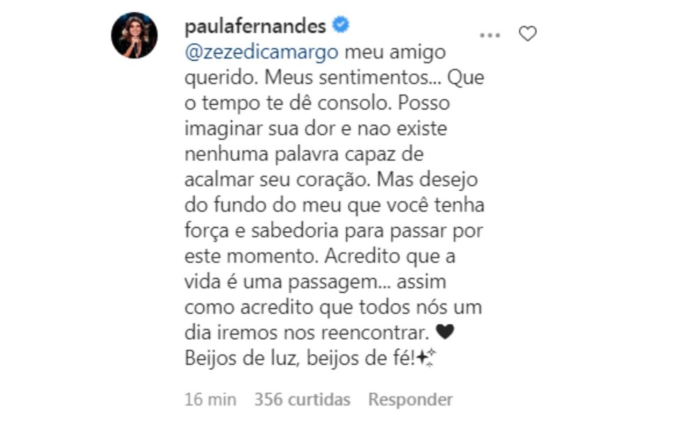 Paula Fernandes  lamenta morte de pai da dupla Zezé di Camargo e Luciano — Foto: Reprodução Instagram 