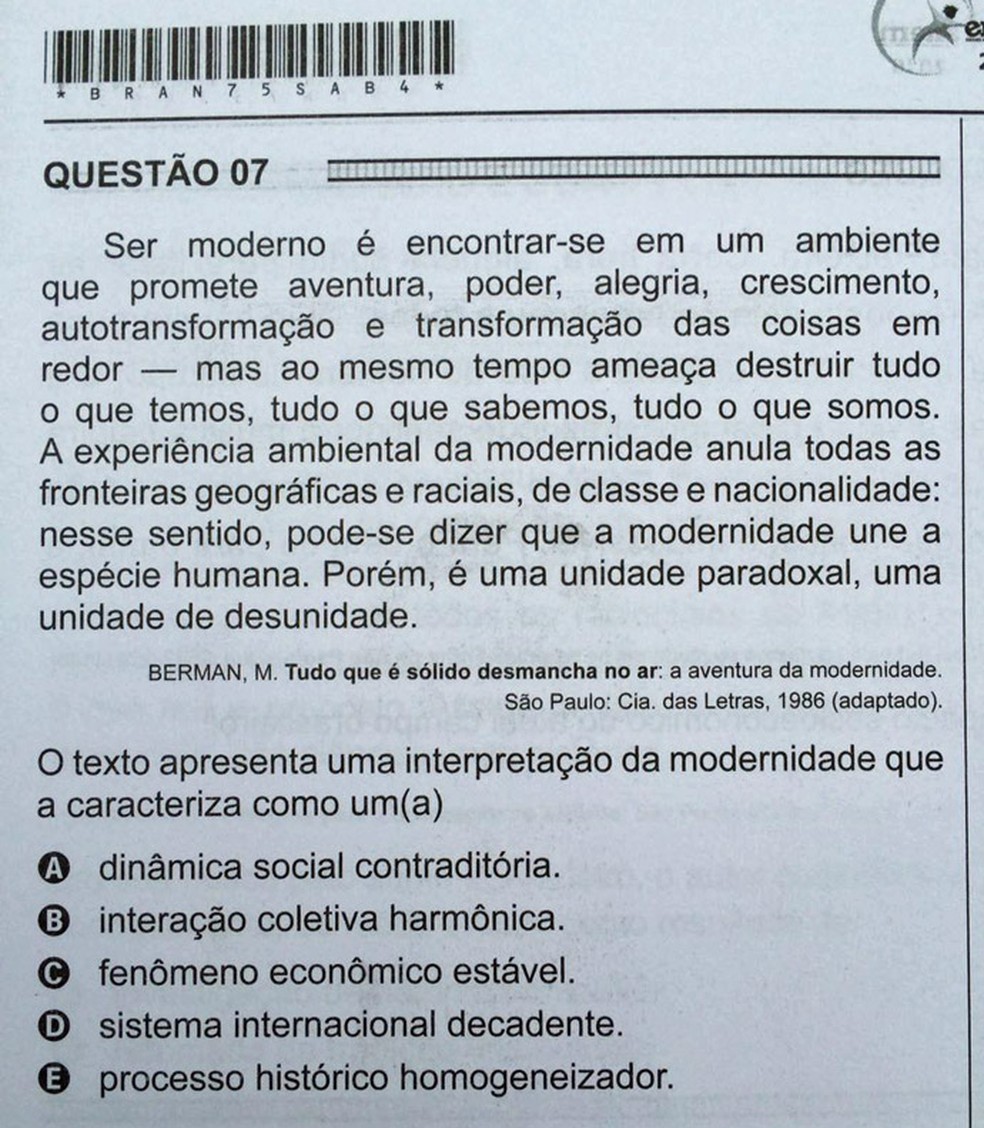 ENEM 2016 - 1º DIA - PROVA BRANCA - QUESTÃO 07 (Foto: G1)