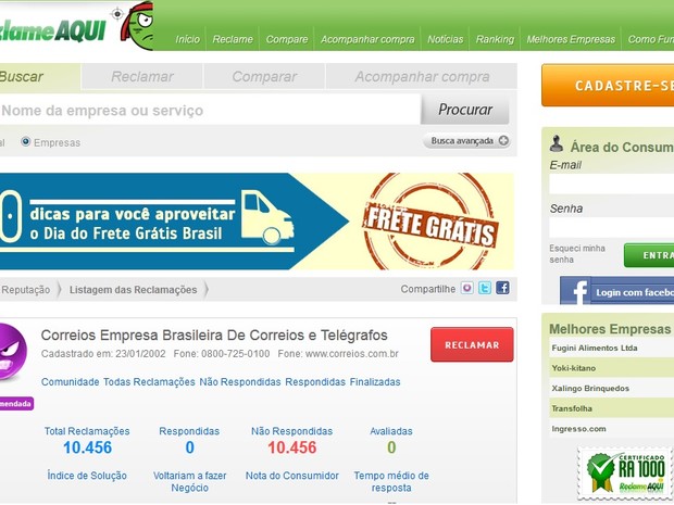 Página do site Reclame Aqui mostra várias contestações de clientes em todo o país (Foto: Reprodução/ReclameAqui)