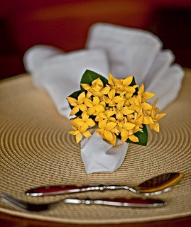 As flores amarelas serviram para dar graça ao guardanapo branco
