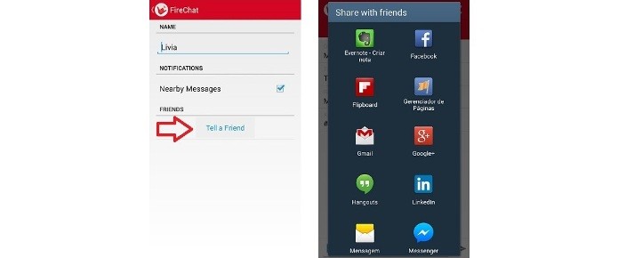 Compartilhando o app FireChat com amigos de outras redes sociais (Foto: Reprodução/Lívia Dâmaso)