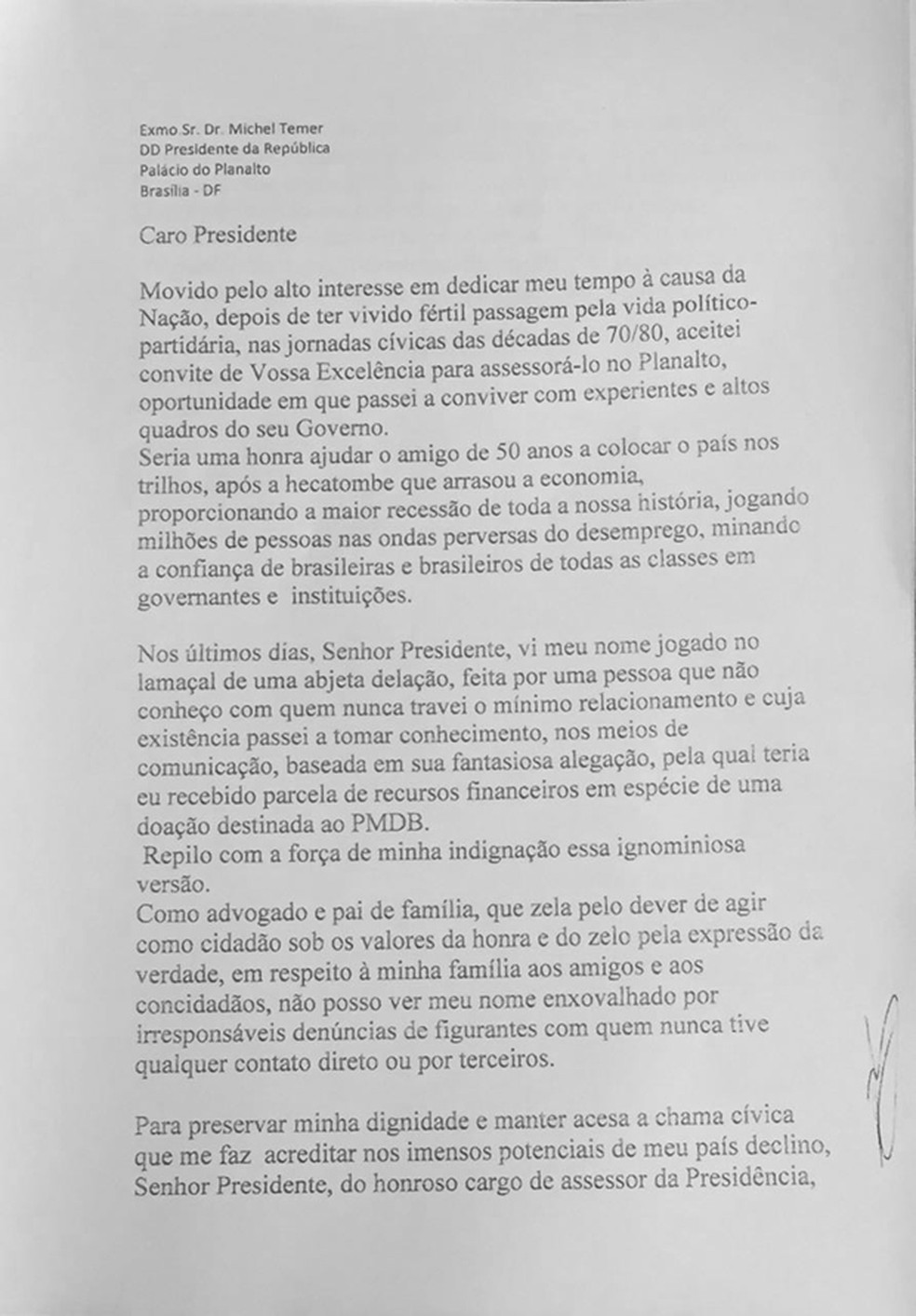 Cópia da carta de demissão do assessor especial da Presidência da República José Yunes (Foto: Reprodução)