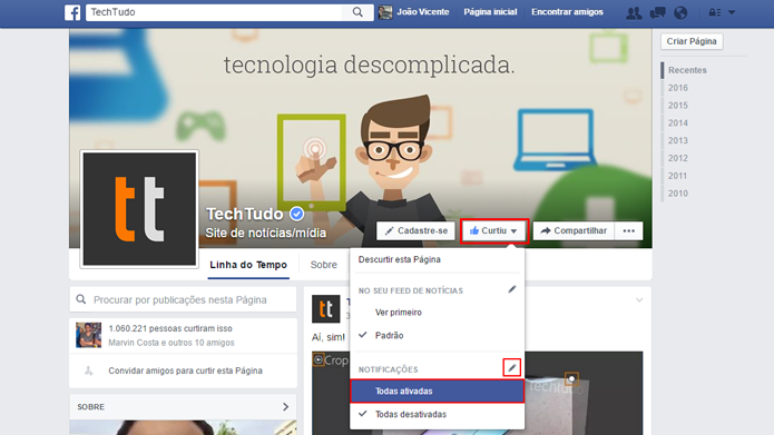 Facebook permite configurar quais notificações serão exibidas (Foto: Reprodução/Facebook)