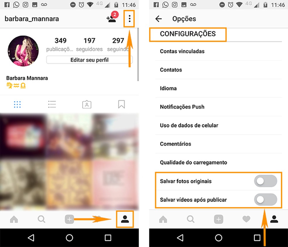 Abra as configurações do seu perfil no Instagram e desative o download automático de fotos e vídeos (Foto: Foto: Reprodução/Barbara Mannara)