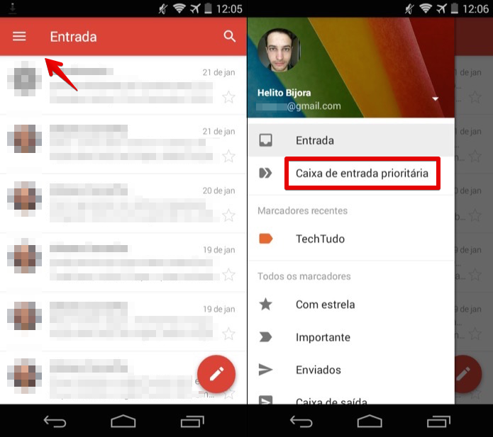 Acessando a caixa de entrada prioritária do Gmail no Android (Foto: Reprodução/Helito Bijora)