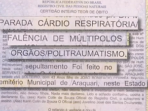 Certidão aponta causas da morte e até local do sepultamento (Foto: Reprodução/TV Rio Sul)