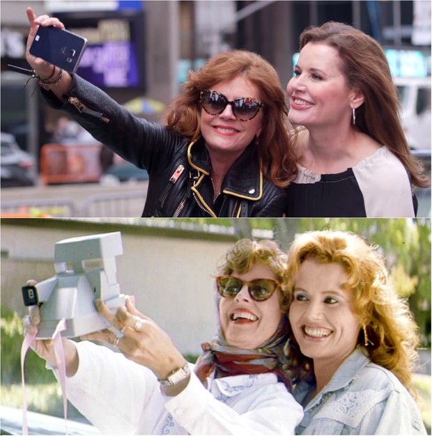 Susan Sarandon e Geena Davis em ensaio inspirado no filme Thelma e Louise para a revista Harper&#39;s Bazaar (Foto: Reprodução / Youtube)