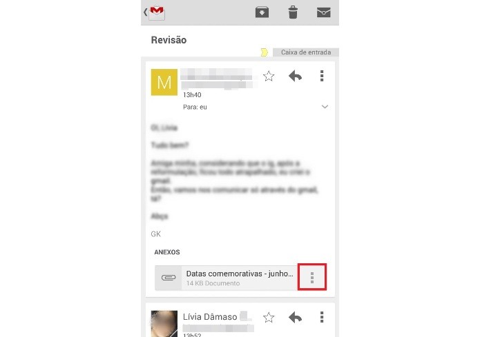 Mensagem com anexo no aplicativo do Gmail para Android(Foto: Reprodução/Lívia Dâmaso)