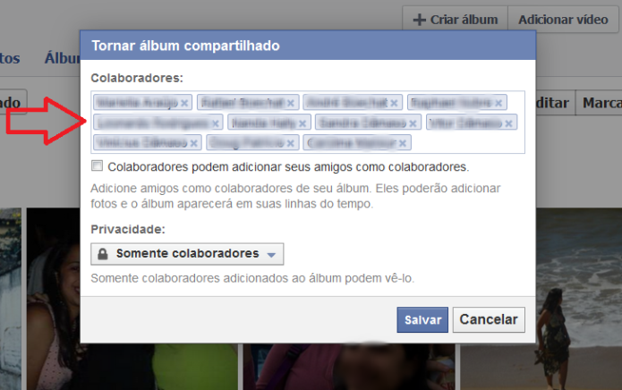 Adicionando colaboradores ao álbum compartilhado (Foto: Reprodução/Lívia Dâmaso)