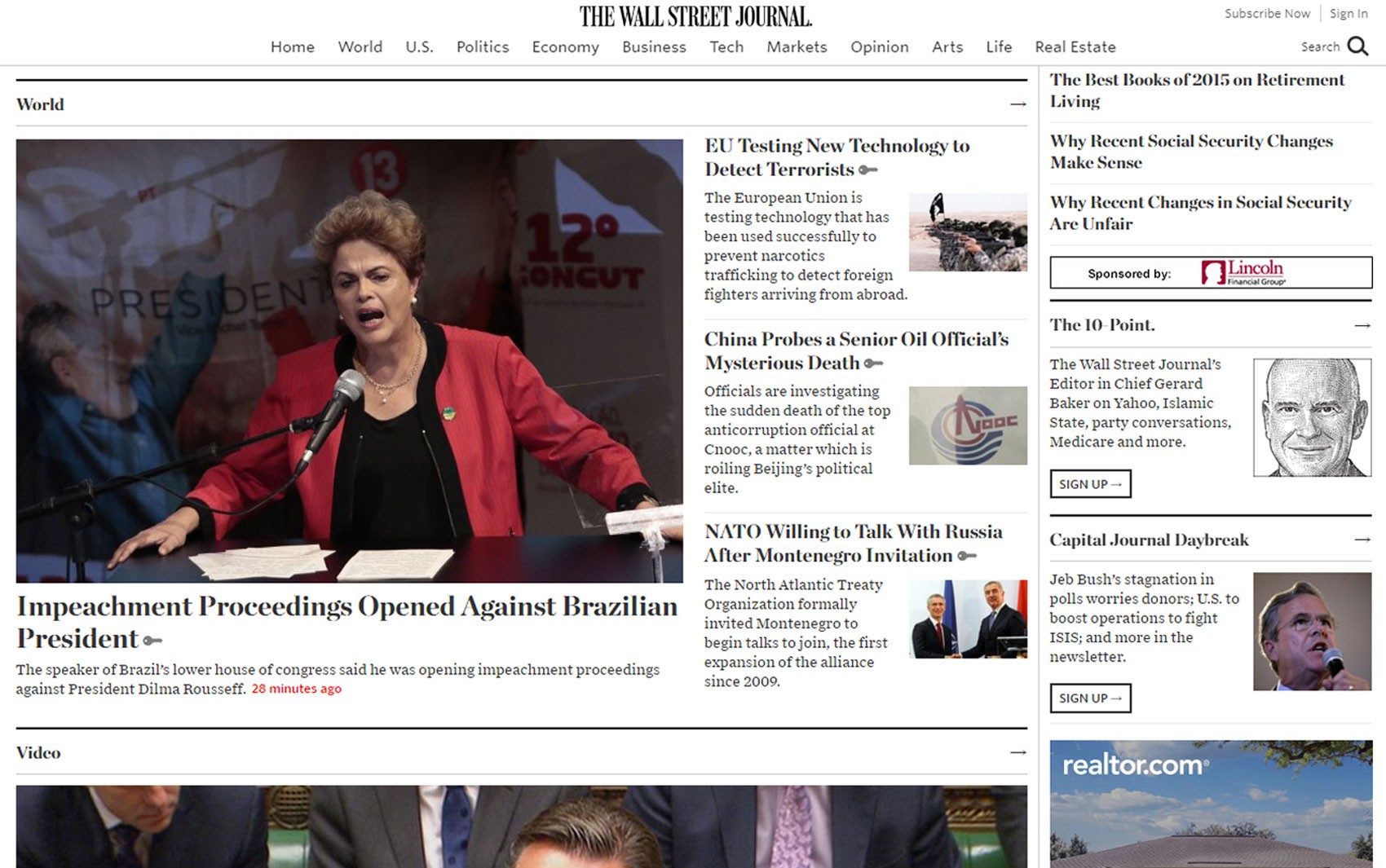 Abertura do processo de impeachment da presidente Dilma Rousseff foi noticiada no site do jornal norte-americano &#39;The Wall Street Journal&#39; (Foto: Reprodução/The Wall Street Journal)