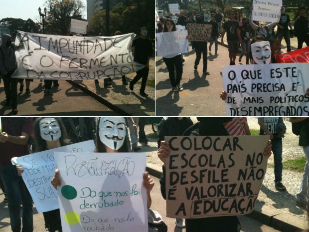 Grupo "Anonymous" protestou contra a corrupção e o desfile (Foto: Fernando Castro/G1)