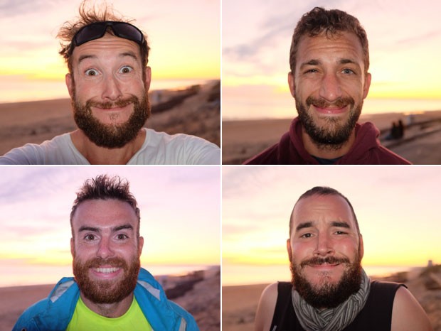 Dave, Ben, Adam e Pete com a barba grande; eles prometem não se barbearem enquanto a Inglaterra não for eliminada da Copa (Foto: Arquivo pessoal/Walk to the World Cup)