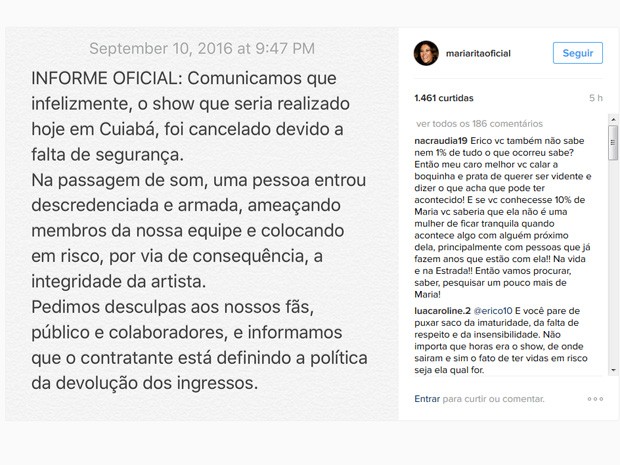 Equipe de Maria Rita publicou nota em suas redes sociais (Foto: Reprodução/Instagram)