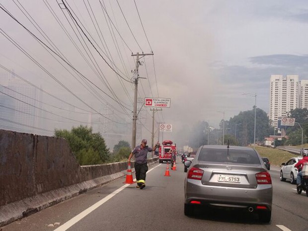 Um incêndio atingiu o canteiro da via expressa da Marginal Pinheiros (Foto: Paulo Guilherme/G1)