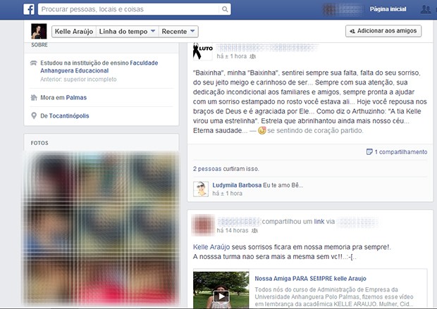 Parentes e amigos fizeram homenagens na página do Facebook de Kelle Maria Araújo Silva (Foto: Reprodução/Facebook)