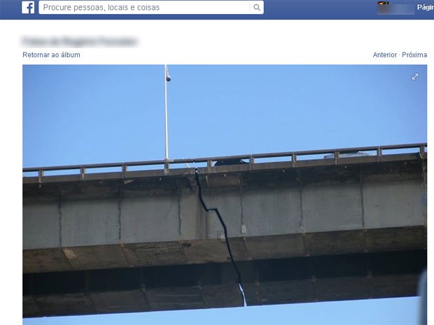Foto está circulando nas redes sociais e mostra rachadura na Ponte (Foto: Reprodução / Facebook)
