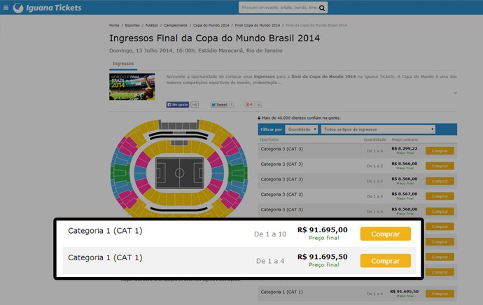 Site vende Ingressos jogo final copa do mundo 2014 (Foto: Reproduo)
