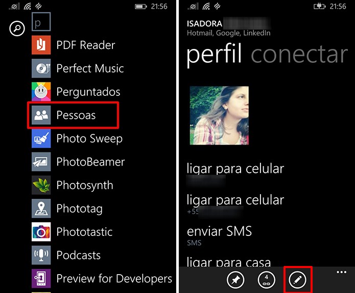 Contatos do Google podem ser editados no Windows Phone a partir da agenda (Foto: Reprodução/Elson de Souza)