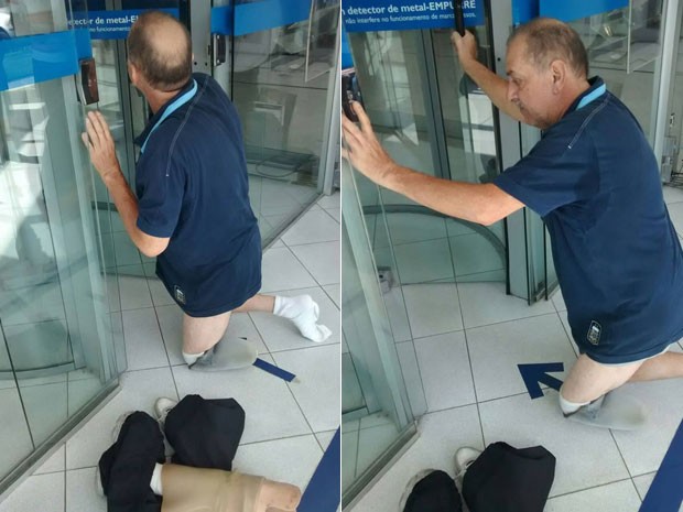 Aposentado Gilberto Forti tirou a prótese e ficou de joelhos na entrada da agência da Caixa (Foto: Aparecida Forti/Arquivo pessoal)