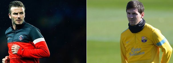 Duelo de estrelas: o Paris Saint-Germain de Beckham enfrenta o Barcelona de Messi (Foto: Getty Images/AFP/Reprodução: Globoesporte.com)