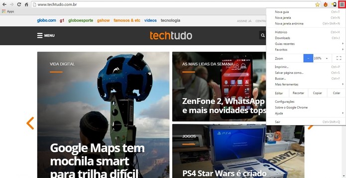 Destaque para menu principal do Google Chrome (Foto: Reprodução/Raquel Freire)