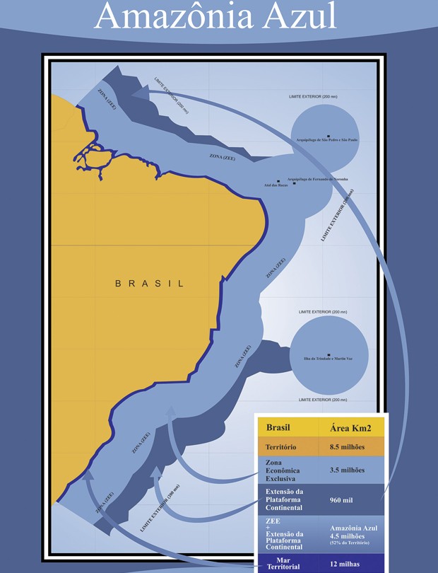 A Marinha chama de "Amazônia Azul" o mar territorial e a zona econômica exclusiva; veja no mapa a extensão da proteção do mar brasileiro (Foto: Marinha/divulgação)