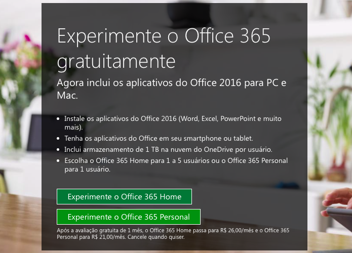 Ativando teste gratuito do Office 365 (Foto: Reprodução/Helito Bijora)