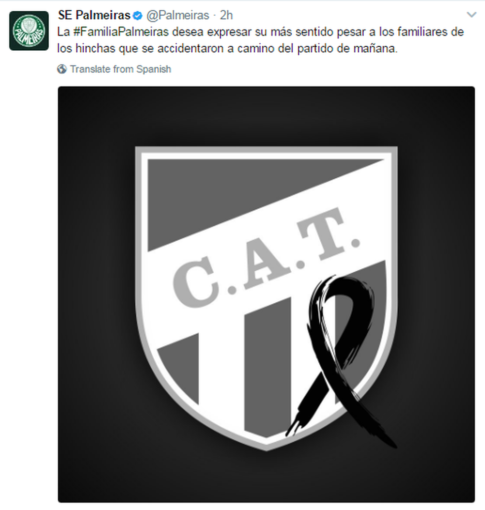 Palmeiras lamenta o acidente em seu Twitter oficial (Foto: Reprodução / Twitter)