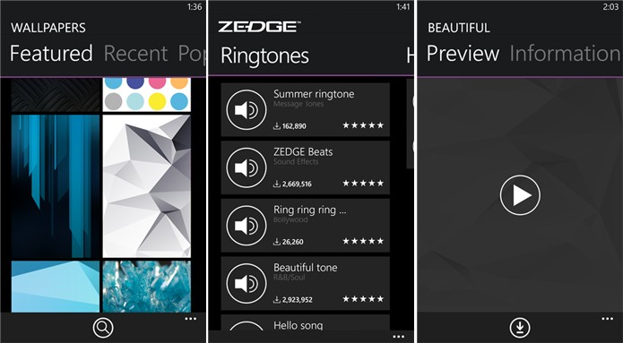 Zedge traz variadas opções de ringtones e papéis de parede para Windows Phone (Foto: Divulgação/Windows Phone Store)