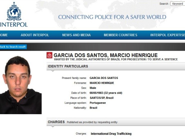 Homem é procurado pela Interpol por tráfico internacional de drogas (Foto: Reprodução)