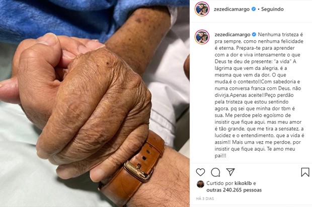 Zezé Di Camargo fala sobre a saúde do pai, Francisco, quando ele ainda estava internado (Foto: Reprodução/Instagram) Zezé Di Camargo fala sobre a saúde do pai, Francisco, quando ele ainda estava internado (Foto: Reprodução/Instagram)