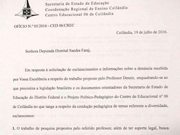 Reprodução de página de ofício enviado por escola de Ceilândia em resposta a documento da deputada distrital Sandra Faraj (SD); parlamentar questionou atividade em sala de aula (Foto: Reprodução)