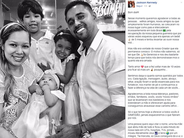 Em uma rede social, o pai da menina, Jackson Kennedy Pereira dos Santos, agradeceu o apoio (Foto: Reprodução/ Facebook) Em uma rede social, o pai da menina, Jackson Kennedy Pereira dos Santos, agradeceu o apoio (Foto: Reprodução/ Facebook)