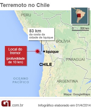 Mapa terremoto chile 1/4 (Foto: Arte/G1)